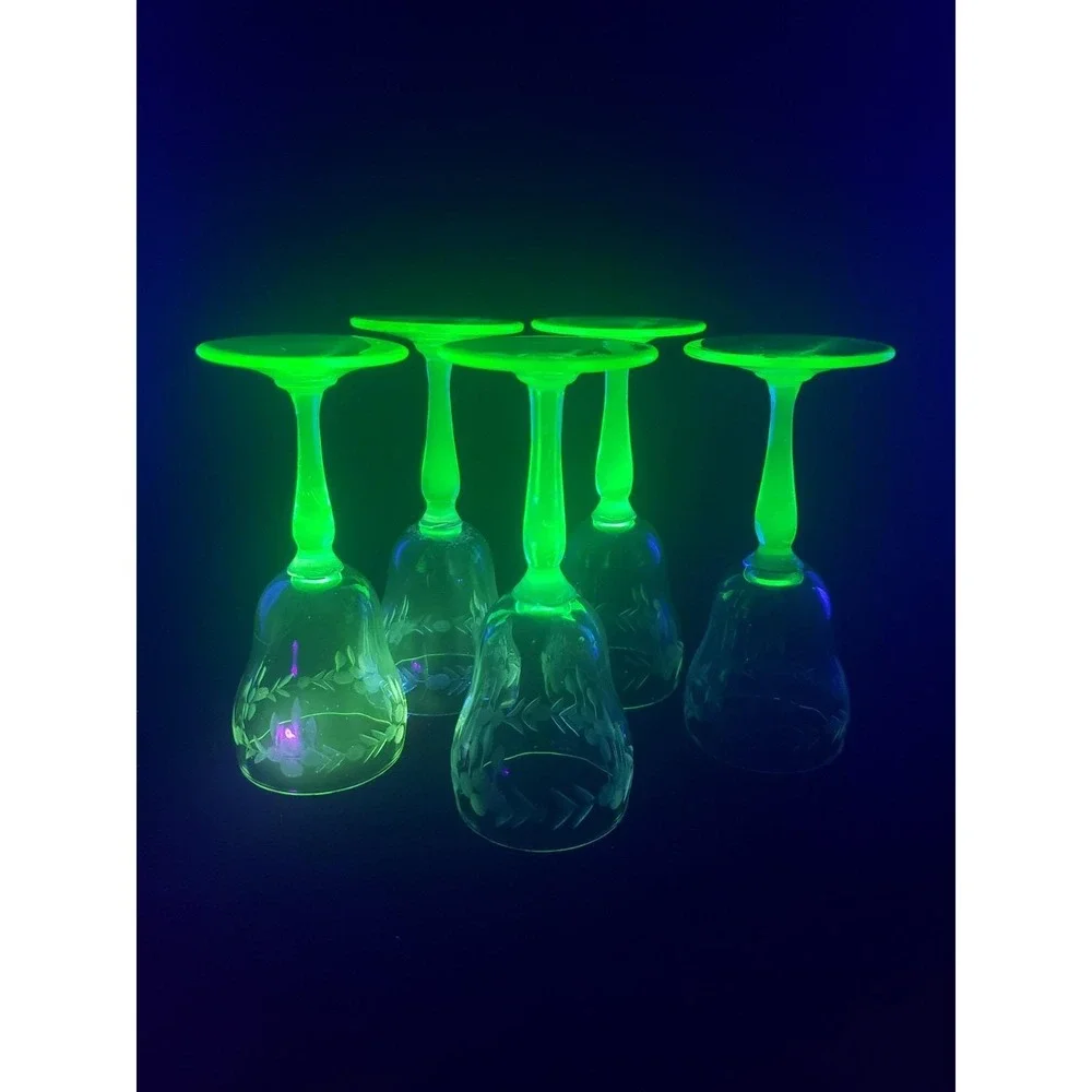 Vintage Uranium Glass Cordials Etched Foliate Design Stemware Set Of 5 Bryce?